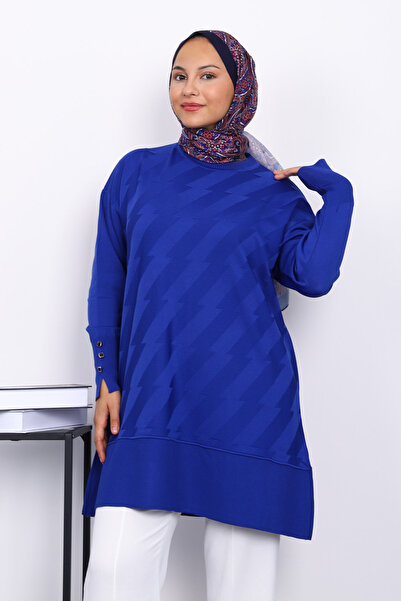 İmajButik Πλεκτό τούνικ από κρύο νήματα με μπλε μανικετόκουμπαρα Saks