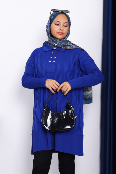 İmajButik Saks Blue Shirt Collar Cold Yarn Knitwear Tunic