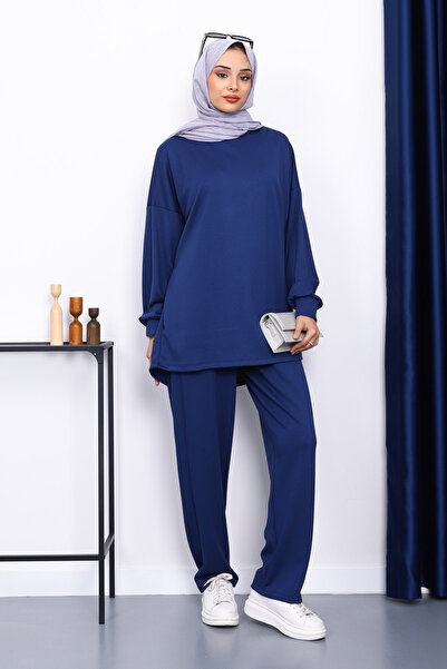 İmajButik Navy Blue Crew Neck Tunic Trouser Suit