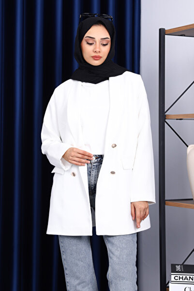 İmajButik Ecru Buttoned Double-Breasted Collar Crepe Jacket