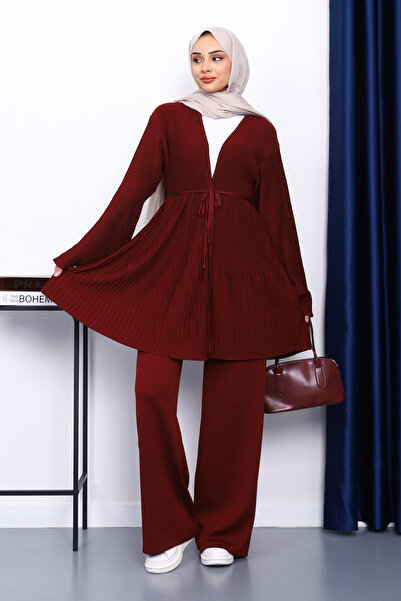 İmajButik Burgundy Belted Cardigan Trouser Suit