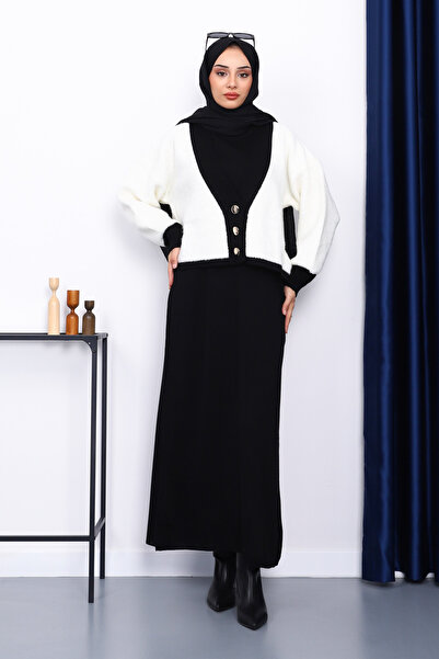 İmajButik Cream Buttoned Knitwear Cardigan Dress Double Combination