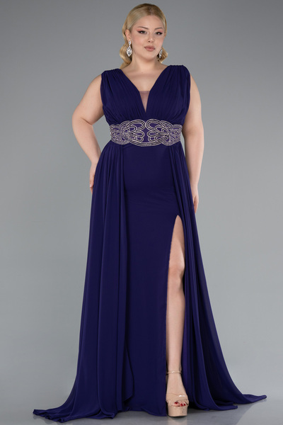 Abiyefon Mor Kolsuz Beli Taşlı Yırtmaçlı Uzun Şifon Büyük Beden Abiye ABU5006