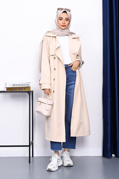 İmajButik Μπεζ καμπαρντίνα με γιακά και ζώνη