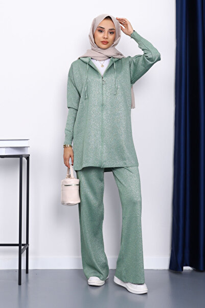 İmajButik Green Hooded Glitter Knitwear Set
