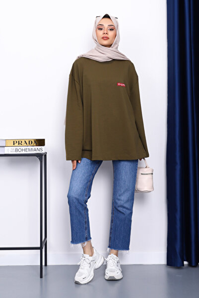 İmajButik Φούτερ χακί με λαιμόκοψη με δύο κλωστές Oversize
