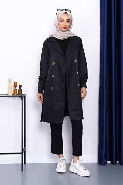 İmajButik Black Double Breasted Collar Trench Coat