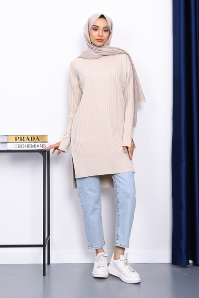 İmajButik Stone-Front Short-Front Long-Back Knit Tunic