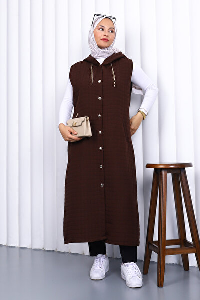 İmajButik Brown Hooded Quilted Long Vest