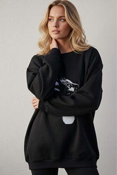 KOZİA OUTDOORS Γυναικείο φούτερ με στάμπα γάτας, oversized, με λαιμόκοψη ποδη...