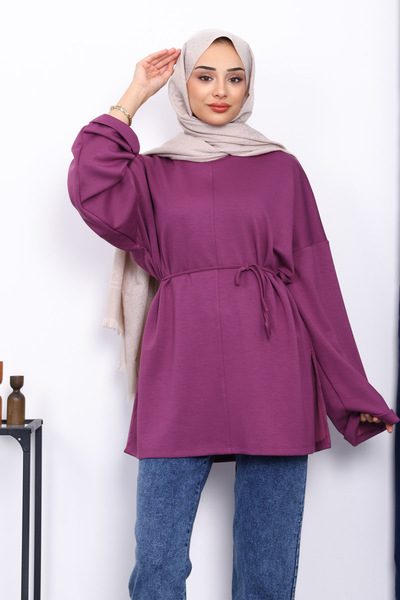 İmajButik Plum Tunic with Slits on the Sides and Drawstring Waist