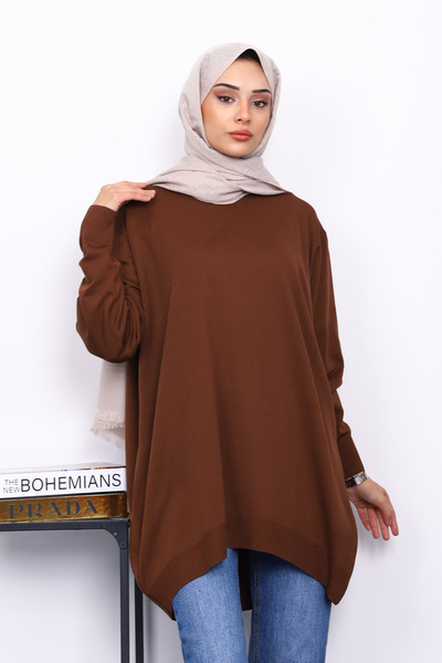 İmajButik Brown Crew Neck Mercerized Cold Yarn Tunic