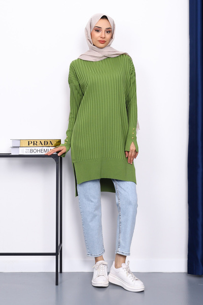 İmajButik Oil Green Short Front Long Back Knitwear Tunic