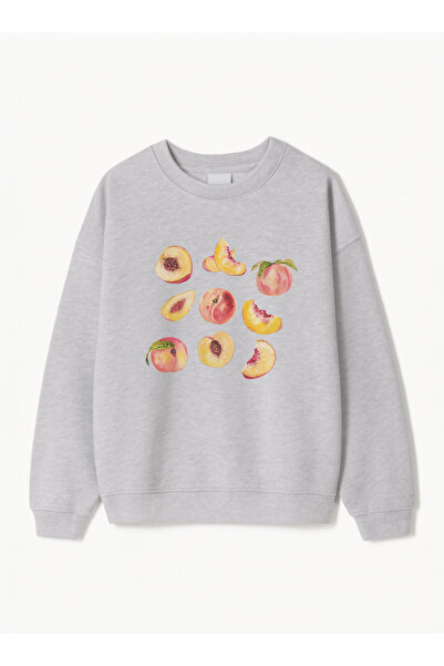 Disante سويت شيرت نسائي كبير الحجم مطبوع عليه لون الخوخ – ياقة دائرية، 3 خيوط...