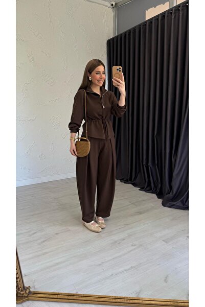 elif teke بدلة مودال بتفاصيل ربط عند الخصر باللون البني