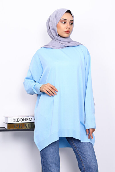 İmajButik Baby Blue Crew Neck Mercerized Cold Yarn Tunic
