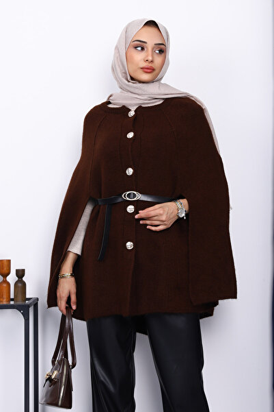 İmajButik Brown Belted Striped Knit Poncho