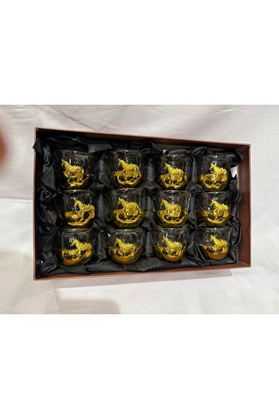 ALMASA 12فناجيل قهوة حصان زجاج مع قاعدة بلاستك ذهبي