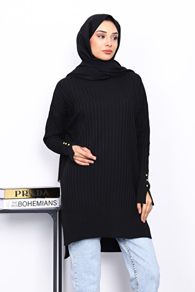 İmajButik Black Short Front Long Back Knit Tunic