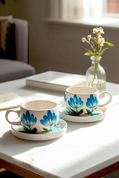Hopce Flora El Yapımı Gentian Çiçeği Desenli, 4 Parça 2 Kişilik Çay & Kahve F...