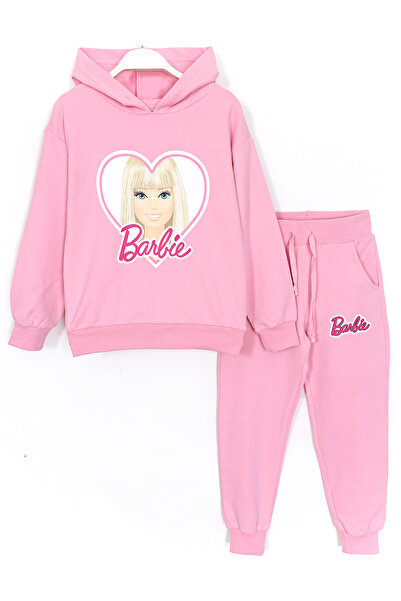 DobaKids Uzun Kollu Kapüşonlu Barby Baskılı Kız Çocuk Eşofman Takımı Pembe Barbili Kız Eşofman Takımı