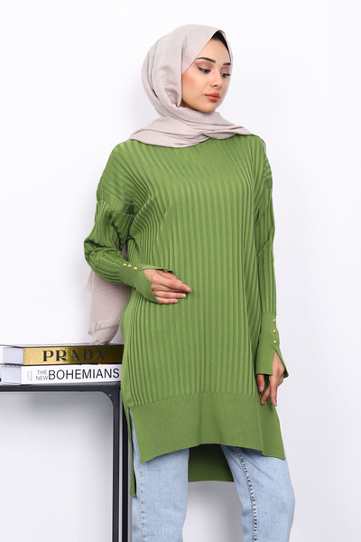 İmajButik Oil Green Short Front Long Back Knitwear Tunic