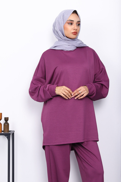 İmajButik Mürdüm Bisiklet Yaka Tunik Pantolonlu Takım