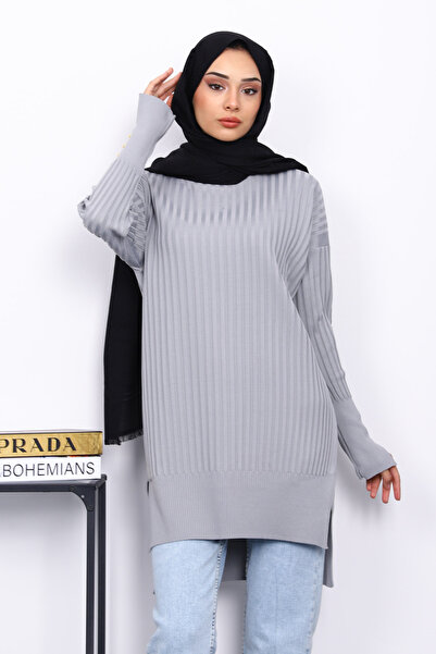 İmajButik Gray Short Front Long Back Knit Tunic
