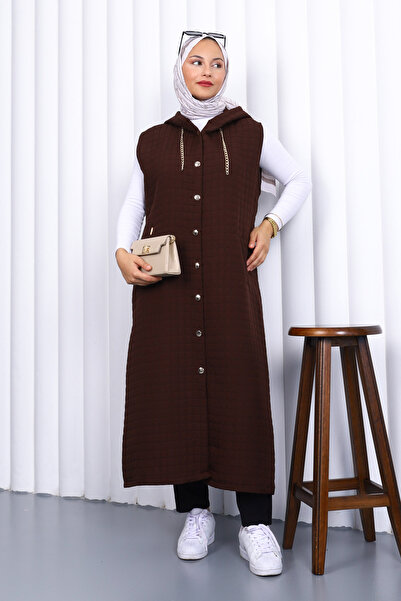 İmajButik Brown Hooded Quilted Long Vest