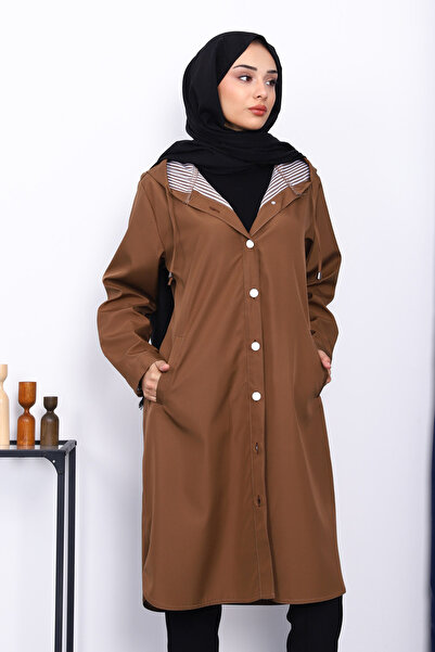 İmajButik Camel Kapşonlu Düğme Detaylı Trençkot