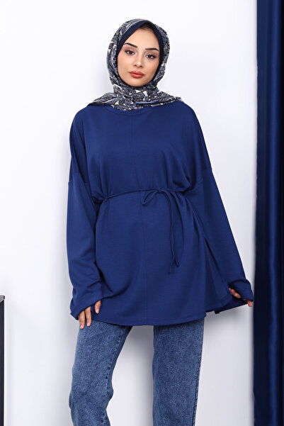 İmajButik Navy Blue Tunic with Slits on the Sides and Drawstring at the Waist
