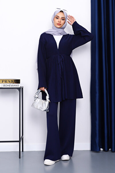 İmajButik Navy Blue Belted Cardigan Trouser Suit