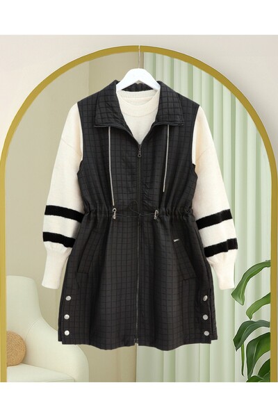 Modamorfo Quilted Vest with Lace-Up Collar, Elastic Waist and Pockets - Black