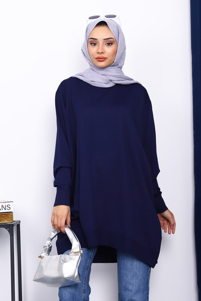 İmajButik Navy Blue Crew Neck Mercerized Cold Yarn Tunic