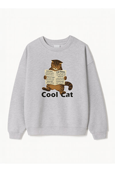 Disante Hanorac unisex oversize cu imprimeu Cool Cat – Gât cu gât rotund, fleece cu 3 fire