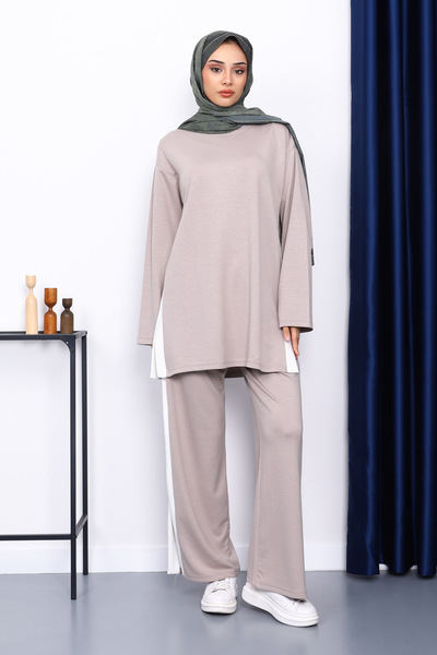 İmajButik Light Mink Color Block Modal Tunic Trouser Set