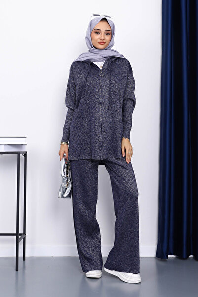 İmajButik Navy Blue Hooded Glitter Knitwear Set