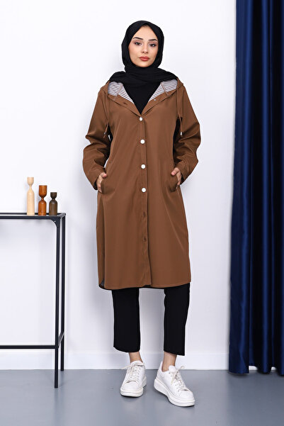 İmajButik Camel Hooded Trench Coat with Button Detail