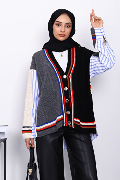 İmajButik Black Shirt Garnished Pocketed Knitwear Cardigan