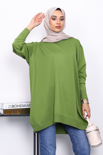 İmajButik Green Crew Neck Mercerized Cold Yarn Tunic