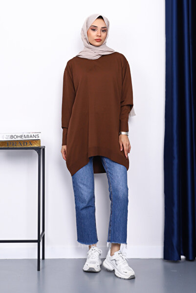 İmajButik Brown Crew Neck Mercerized Cold Yarn Tunic