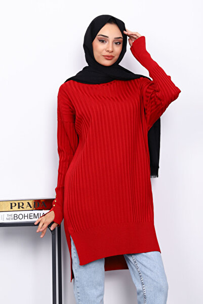 İmajButik Kırmızı Önü Kısa Arkası Uzun Triko Tunik