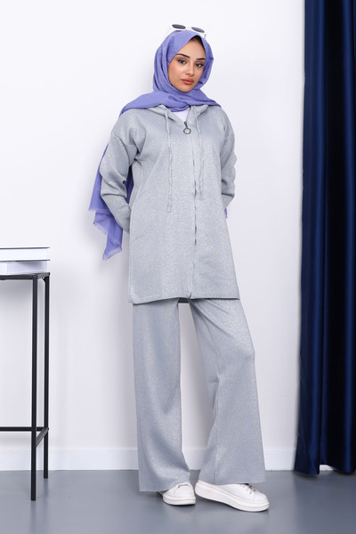 İmajButik Gray Hooded Glitter Knitwear Set
