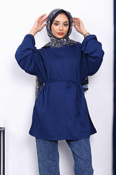 İmajButik Navy Blue Tunic with Slits on the Sides and Drawstring at the Waist