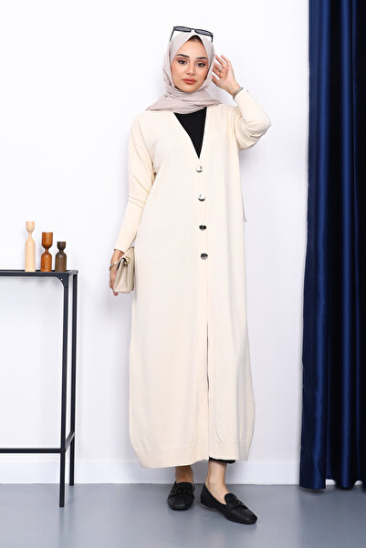 İmajButik Beige V-Neck Mercerized Cardigan