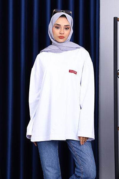 İmajButik Λευκό φούτερ με λαιμόκοψη με δύο κλωστές Oversize