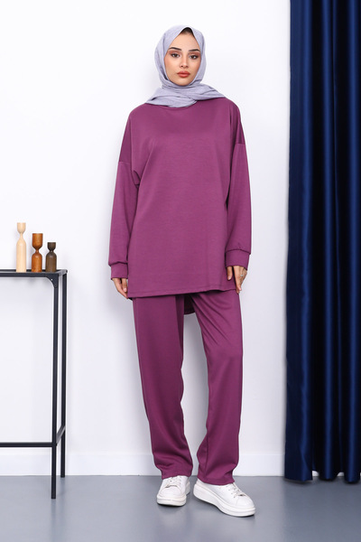 İmajButik Plum Crew Neck Tunic Trouser Set