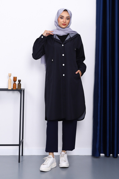 İmajButik Navy Blue Hooded Trench Coat with Button Detail