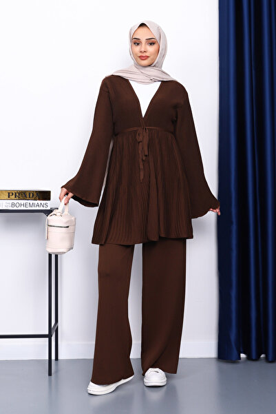 İmajButik Brown Waist Belted Cardigan Trouser Suit