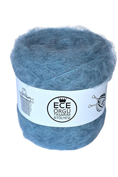 Ece Örgü Tasarım Atölyesi Mavi renkli, bol tüylü, ince moher örgü ipi (200 gr.)